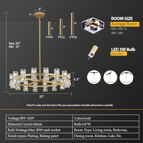 32 Lights Dia 33" Gold Crystal Chandeliers for Dining Room Light Fixture