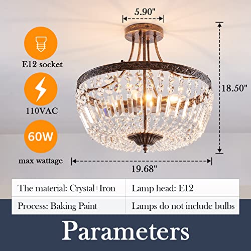 5 Light Retor Crystal Ceiling Light Fixture Oil Rubbed Bronze Semi Flush Mount Chandelier Ceiling Lamp for Living Room Dining Room Entryway Hallway Foyer Bedroom Laundry Bathroom