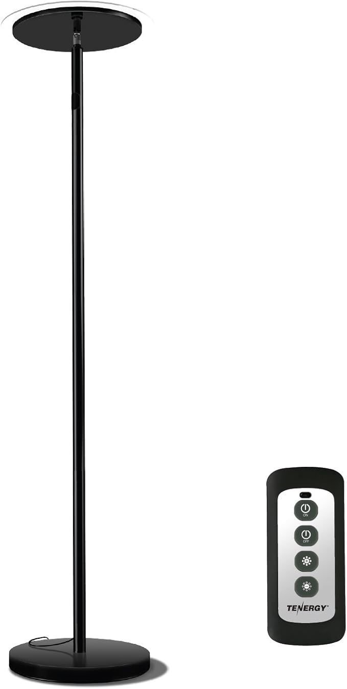 Tenergy Torchiere Dimmable LED Floor Lamp, Remote Controlled 30W (150W Equivalent) Standing Lamp, 90° Adjustable Top, Wall Switch Smart Outlet Compatible, Warm White Light