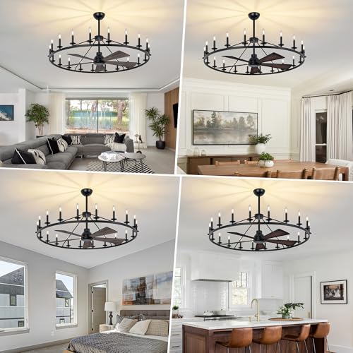 50" Black Wagon Wheel Chandelier with Fans