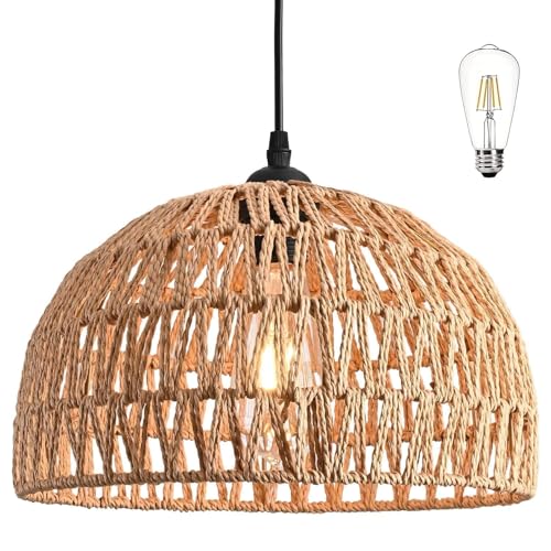 Hemp Rope Woven Pendant Light Woven Light Fixture Boho Chandelier Light Fixture Wicker Pendant Lights Rattan Lights Pendant Dome Wicker Chandelier for Dining Room Kitchen Island