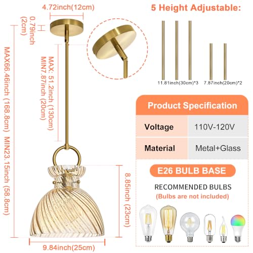 Gold Pendant Light Kitchen Island 9.84'' Striped Amber Glass Shade (2 Count)