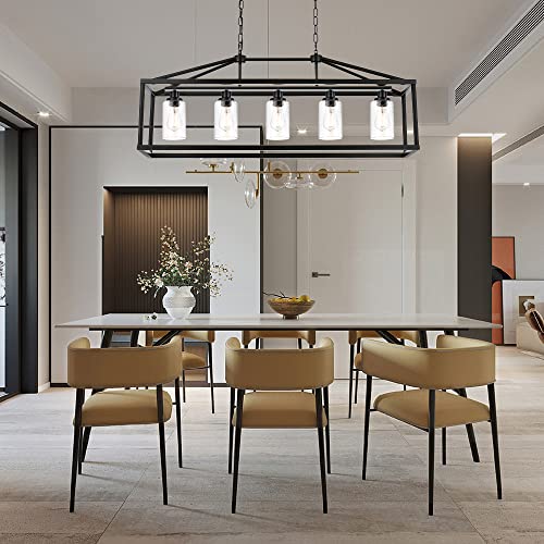 5 Light Farmhouse Chandelier Ceiling Hanging Dining Room Lighting Fixtures Matte Black Modern Pendant Lighting Industrial Rectangular Kitchen Island Chandelier Fixture with Seeded Glass Shade