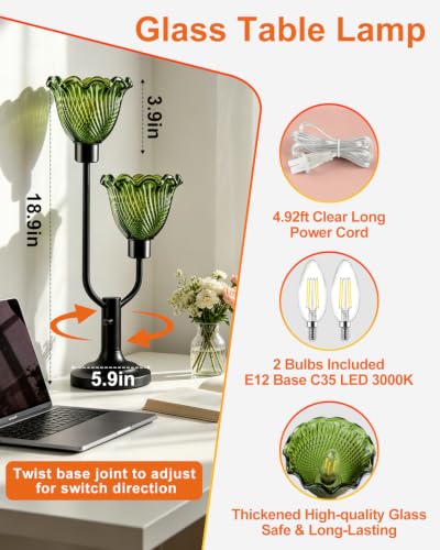 Green Glass Flower Table Lamp for Bedroom Vintage Lamp Dimmable