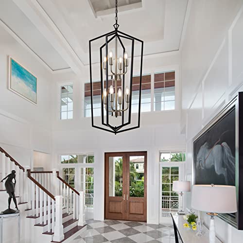 8 Light Lantern Tired Farmhouse Ceiling Hanging Light Black Chandelier Metal Modern Pendant Light Fixtures for Kitchen Island Dining Room Living Room Foyer Entryway