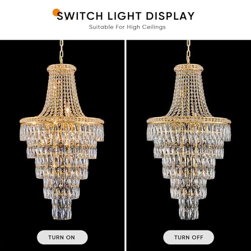 Gold Crystal Chandeliers 13 Lights Luxury Modern Chandelier for High Ceilings Large Pendant Light Fixture Foyer Staircase Hallway Entryway Living Room Hall Lobby 40" H x 21.7" D (13 Count)