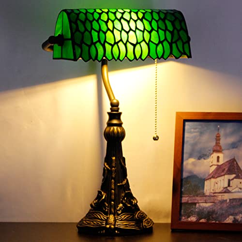 Tiffany Banker Lamp Small Stained Glass Table Lamp Green Wisteria Leaf