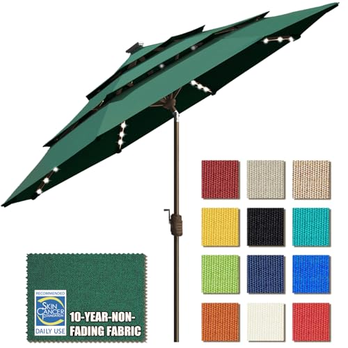 USA 10-Year-Non-Fading 9ft 3-Tier Market Patio Umbrella, Commercial Table Umbrella with 80 Solar LED Lights, Crank Open, Windproof & UPF 50+ UV Protection for Garden, Deck, Pool, Backyard, Forest Green