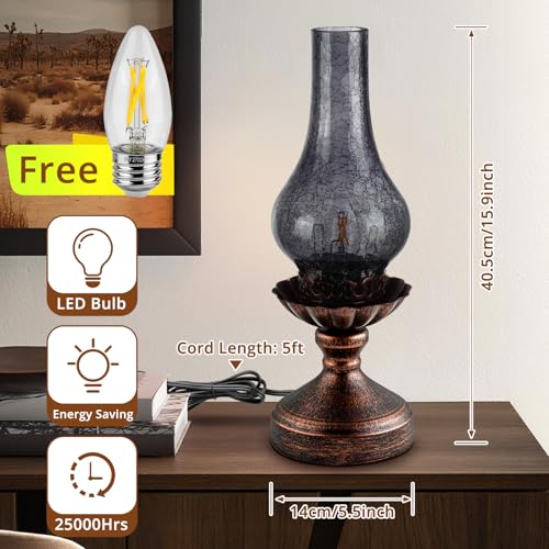 Vintage Table Lamp with Smoke Grey Crackle Glass Shade