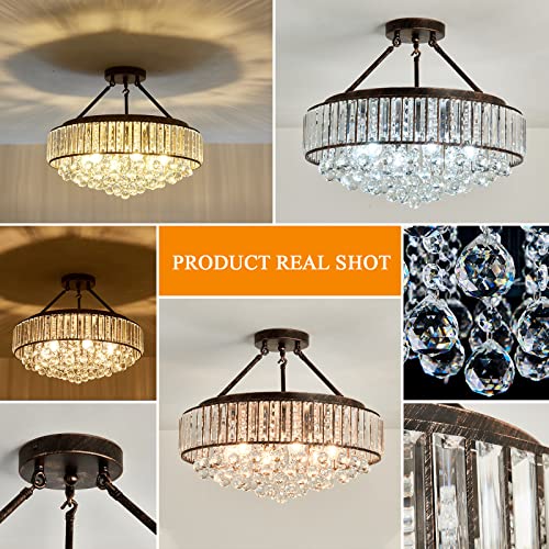 6 Light Modern Crystal Oil Rubbed Bronze Metal Semi Flush Mount Ceiling Light Fixture E26 Indoor Round Ceiling Lamp for Dining