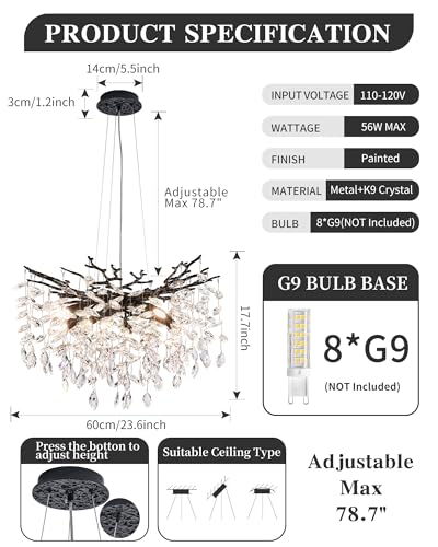 Modern Tree Branch Crystal Chandelier Luxury Blacl Crystal Pendant Lighting 23.6" Contemporary 8