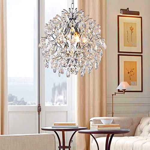 Modern Pendant Chandelier Crystal Raindrop Lighting Ceiling Light Fixture Lamp for Dining Room Bathroom Bedroom Livingroom entryway 3 E12 Bulbs Required D16 in x H18 in