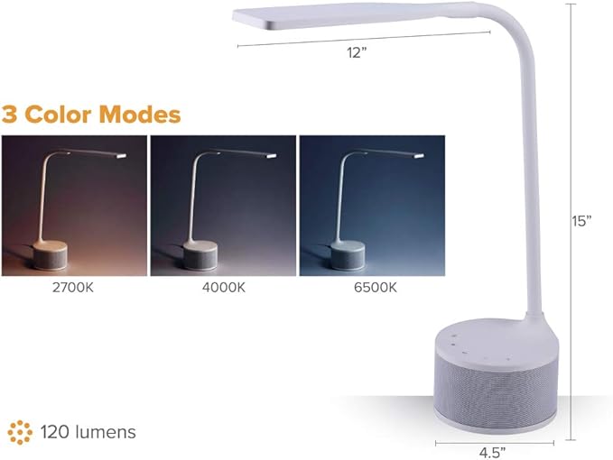 Bostitch Office LED Dimmable Desk Lamp with Bluetooth Speaker & USB Port, Energy Efficient, 5.5W, Natural Daylight, White (VLED1817WHITE-BOS)