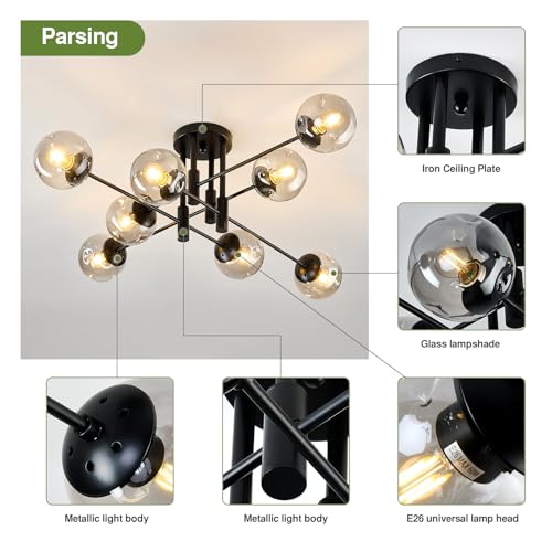8 Light Glass Globe Ceiling Light Black Mid Century Flush Mount Sputnik Light Fixture Bubble Chandelier Living Room Farmhouse for Dining Room Kitchen Bedroom