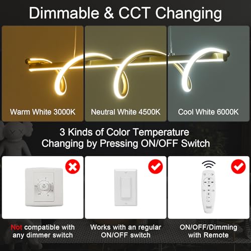 Modern Spiral LED Pendant Lighting 31.49 in Linear Chandelier for Dining Room 48W Dimmable 3000K