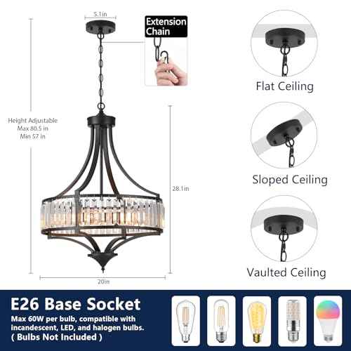 Modern Black Crystal Chandelier, 20 Inch Large Ceiling Pendant Light Fixture with 50'' Adjustable Hanging Chain, 5-Light Farmhouse Chandelier for Dining Room, Living Room, Bedroom, Entryway