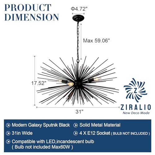 31in 4 Light Black Sputnik Chandelier Mid