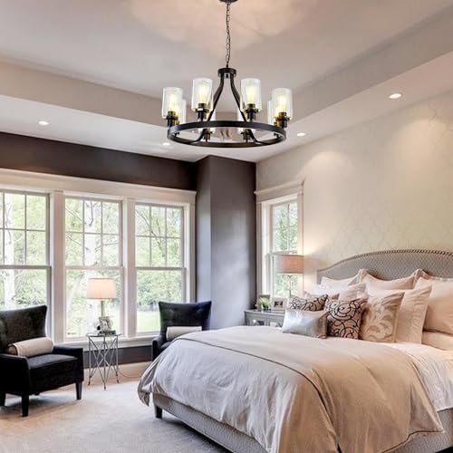 8 Light Black Dining Room Light Fixtures Farmhouse Wagon Wheel Chandelier Kitchen Island Pendant Lights Modern Industrial Rustic Adjustable Height Metal E26