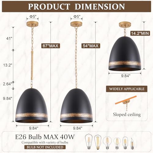Farmhouse Pendant Light Black 10in Hemp Rope Boho Kitchen Island Lighting French Country Ceiling Pendant Light for Kitchen Sink Dining Room Entry Hallway