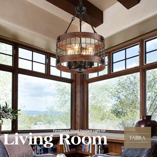 4 Light Farmhouse Drum Wood Pendant Light
