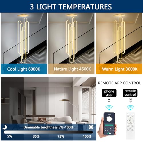 6 Rings Large Chandelier for Staircase Modern High Ceiling Chandelier LED Dimmable Chandeliers for Foyer Staircase Foyer Enterway Living Room Villa Gold (6 Count)