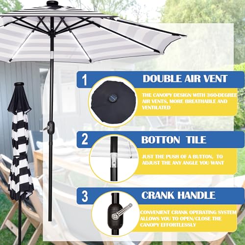 9FT Patio Umbrella with Solar Lights 8 LED Light Black and White