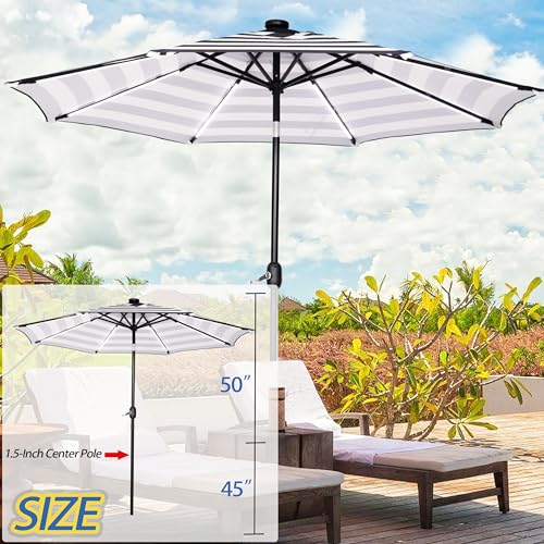 9FT Patio Umbrella with Solar Lights 8 LED Light Black and White