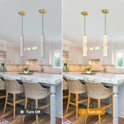 Natural Alabaster Pendant Lights for Kitchen Island White Marble Long Tube Chandelier 4000K Modern Gold Ceiling Light Fixtures for Bedroom Dining Room Table Living Room Hallway