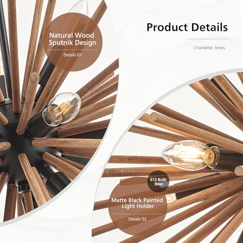 23.6" Farmhouse Sputnik Chandelier for Dining Room Rustic Handmade Natural Wood 12 (12 Count)