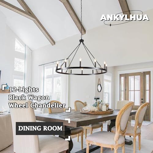 Wagon Wheel Chandelier 12 Light 38" Farmhouse Chandelier for Dining Room