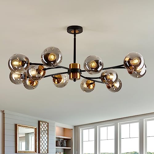 12 Light Large Sputnik Chandelier with Glass Globe Mid Century Modern Matte Black and Gold Ceiling Light Fixture Vintage Pendant Lighting for Dining Room Bedroom Kitchen Living Room Foyer