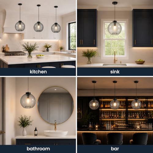 11.8" Black Grey Globe Seeded Glass Kitchen Island Pendant Light