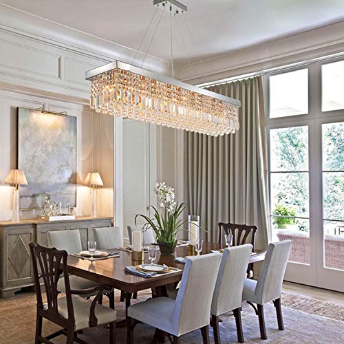 Rectangle K9 Crystal Chandelier Modern Rectangular Pendant Light Fixture for Dining Room Kitchen Island Chrome L47 x W10 x H10