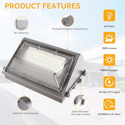 60W LED Wall Pack Light with Dusk to Dawn Photocell