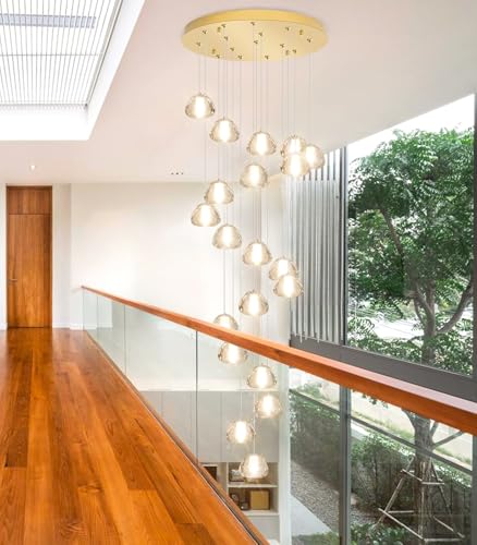 Gold Modern Crystal Chandelier for Staircases 157" Long Adjustable Ceiling Light for Entrance 3000K LED Hanging Lighting Living Room Hallway Entryway
