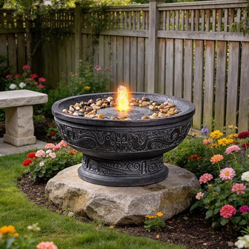 Outdoor Water Fountain with Led Light Decorative Pedestal Bowl Design with River Stones Home Decoration