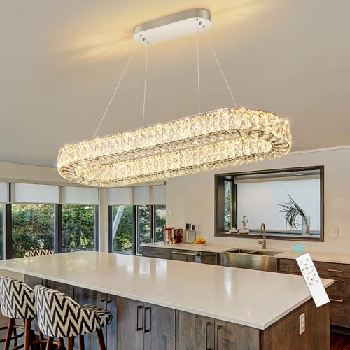 Oval Crystal Chandelier Modern Dimmable LED Chandeliers for Dining Room Rectangular Light Fixture with Remote for Living Room Kitchen Light Silver