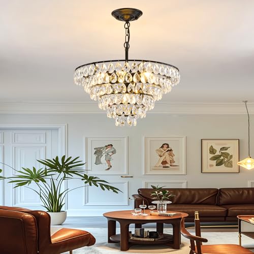 Modern Crystal Chandelier 7 Light 20" Raindrop Black Ceiling Chandelier Adjustable Hanging Light Fixture for Dining Room Foyer Entryway Staircase Living Room