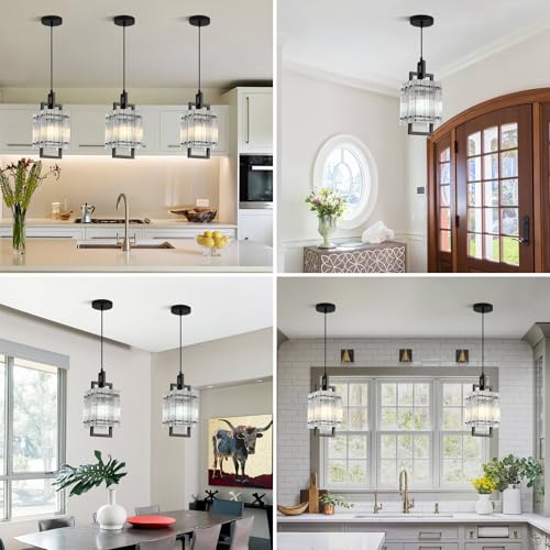 Modern Pendant Light Fixtures with Clear Glass Matte Black Pendant Lights Kitchen Island Adjustable Square Hanging Pendant Lighting for Dining Room Over Sink Hallway 1 Pack 12 inches