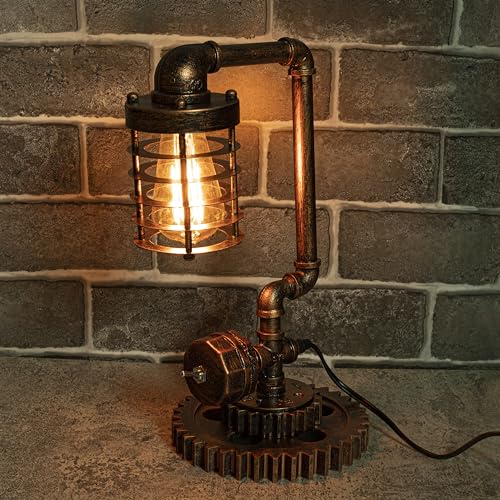 Loft Style Vintage Metal Dimmable Table Lamp with carbonized Wood Base
