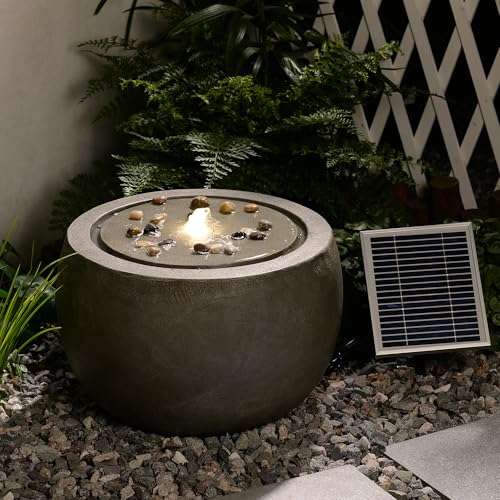 Solar Water Fountain Outdoor Garden Bubbler Water Feature Fountains Solar Powered with Pebbles for Patio Deck Yard Home Decor Gray