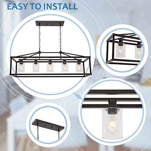 Industrial Rustic Farmhouse Chandelier 5 Light Modern Rectangle Dining Room Light Fixture Hanging Oil Rubbed Bronze Kitchen Island Cage Pendant Lighting with Clear Glass Shade for Hallway Bar