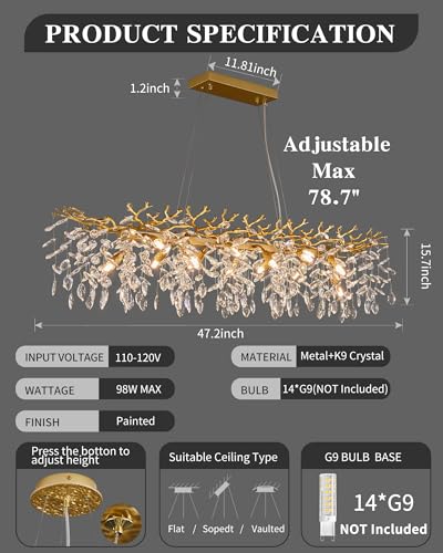 Tree Branch Chandelier Modern Gold Crystal Chandeliers 14 Lights Rectangular 47.2" Hanging Pendant Light Fixture for Kitchen Island Living Room Dining Room Foyer Entryway