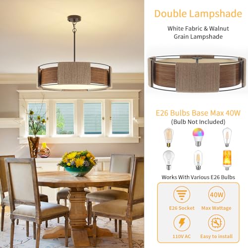 23.62'' Rattan Chandeliers Farmhouse Drum Chandelier for Dining Room