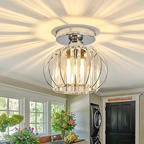 Modern Semi Flush Mount Ceiling Light Fixture E26 Mini Crystal Chandelier Chrome Small Ceiling Lamp for Entryway Bedroom Bathroom Hallway Closet Foyer （Silver