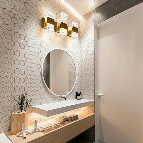 Gold Bathroom Vanity Lights Fixtures Over Mirror LED Crystal Modern 3 Light Brushed Stainless Steel Wall Mount Light for Bathroom Lighting Fixtures 3000K 30Watts Warm Light