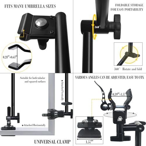 Adjustable Sun Umbrella with Clamp Clip UPF 50+ Portable Folding Umbrella for Patio