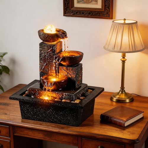 Three Bowls with Rotating Ball Flowing Tabletop Fountain Home Décor Indoor Decor Waterfall Sound Zen Mini Fountain Warm Led Light Pebbles Stone
