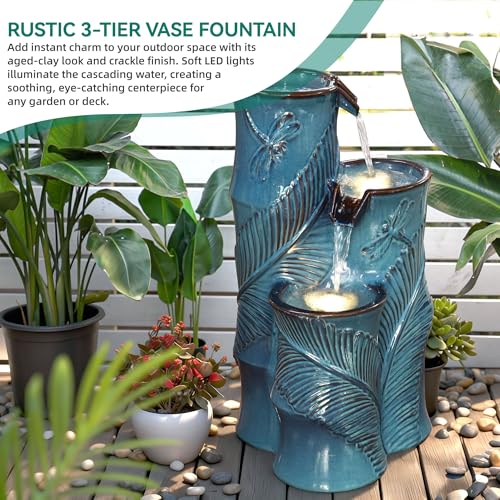 Autodaya Tropical Turquoise Ceramic Outdoor Water Fountain with Lights