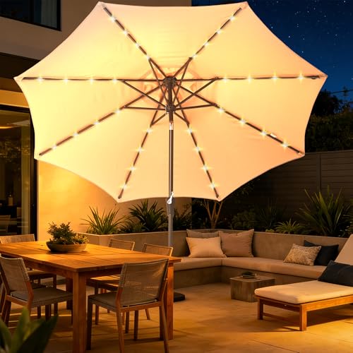 9 FT Patio Umbrella with lights Outdoor Garden Umbrella Beige